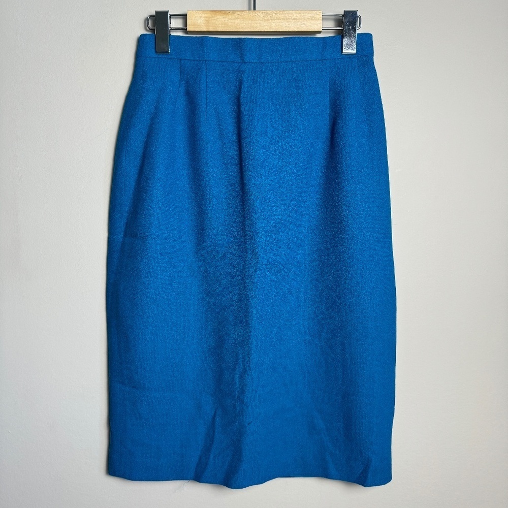 Vintage Jackie K Women's Blue 100% Virgin Wool Midi Pencil Skirt Size 5/6